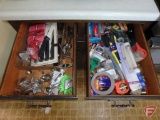 Kitchen knives, egg beater, batteries, duct tape, sealant, stapler, flashlights, plier, staples,