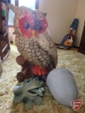 Large owl coin bank and (2) other resign garden statuary