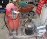 Abrasive blaster, hood, bags and pail of blasting media