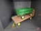 Replica diecast hay rack on John Deere running gear and Ertl replica John Deere wagon, 2 pieces