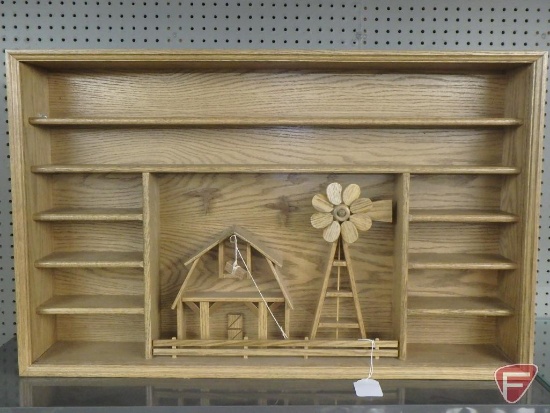 Wood farm scene display case with 2 glass doors, 22inHx35inWx5.5inD