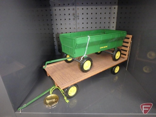 Replica diecast hay rack on John Deere running gear and Ertl replica John Deere wagon, 2 pieces