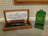 Case John Deere pocket knife in wood display box and metal John Deere wall matchstick holder. Both.