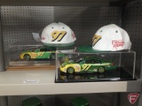 John Deere replica stock car in collector case with drivers autograph on placard and commemorative