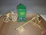 John Deere metal matchstick holder, deer riding bicycle-gold colored, and