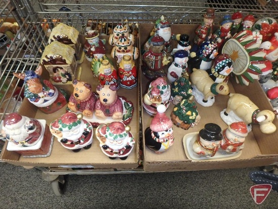 Salt /Pepper shakers; Christmas themed, contents of shelf