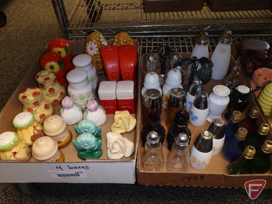 Salt /Pepper shakers; light bulbs, bears, flowers, contents of shelf