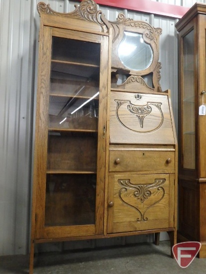 Vintage wood display cabinet/secretary desk, display has adjustable wood shelves, desk side