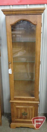 Wood/glass curio cabinet, lighted, glass shelves, bottom storage, 68inHx19inWx12inD