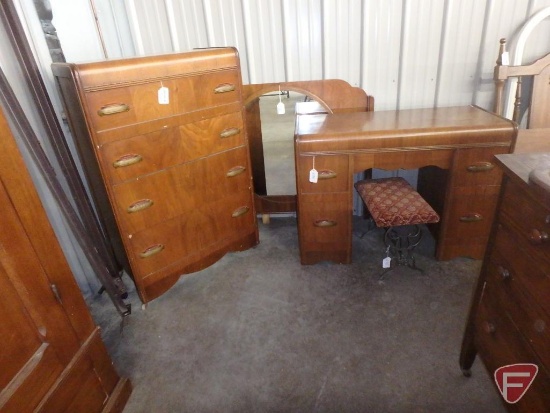 Vintage matching dresser/storage cabinet, vanity with mirror, headboard and rails, and stool.