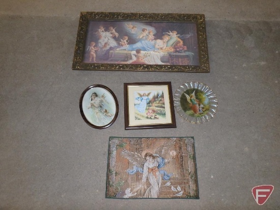 Angel/cherub items, 18inx34in framed print in ornate frame, wall haning tapestry 36inHx26inW,