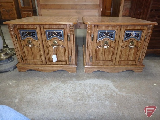 (2) matching wood end tables with bottom storage, 19inHx24inWx24inD. Both