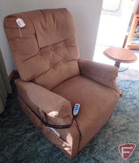 Capri Smart Tek PR200 power lift and recline chair, oval wood table, and framed painting by Drew G.