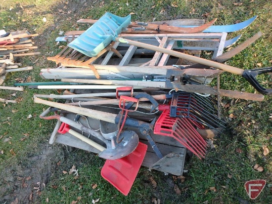 Yard/garden tools: plastic manure forks, 5' aluminum step ladder, post hole auger