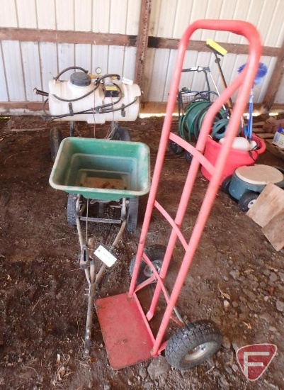 Pull type broadcast spreader and 2-wheel cart