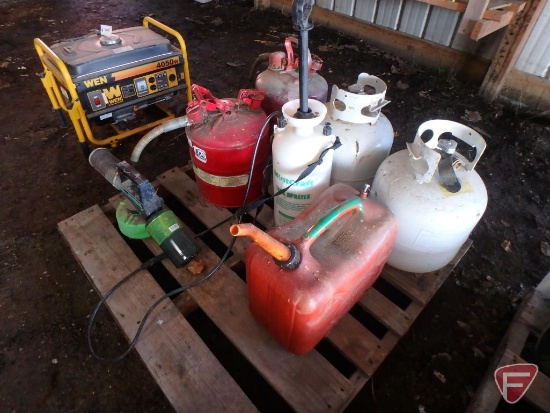 (2) safety gas cans, (2) 20lb LP tanks, hand sprayer, Burgess 1443 propane insect fogger