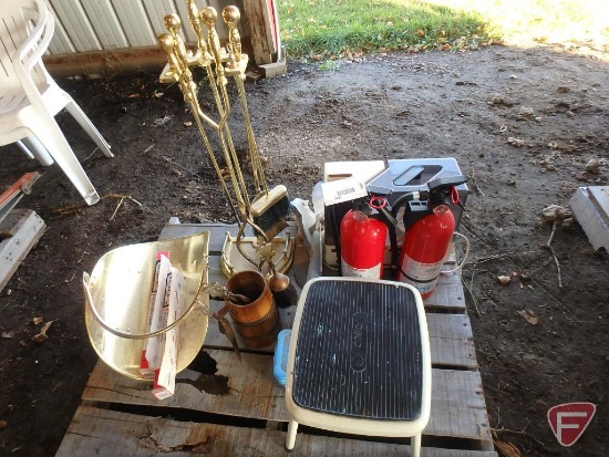 Fireplace tools, (2) fire extinguishers, kindling basket, step stool, and small humidifier
