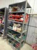 Shelf and contents: parts bins, wiring, chain, hitch balls, clevis, nylon rope, bolts