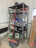 Shelf and contents: (2) shop brooms, steel cable, caulking guns, wiring, water pump pressure switch