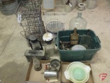 Wire milk crates, egg basket, glass water jug, (2) enamel pots, Chatillon hanging scale