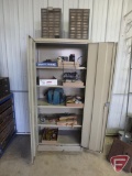 2-Door shop cabinet and contents: hardware organizers, wood clamp, (2) sanders,