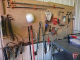 Contents of pegboard, shelf, dust pan, stool, (2) shop brooms