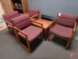 (4) Office reception chairs, floating shelf, and coffee table