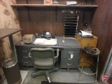 Contents of office: desk, chair, stool, cabinet, ashtrays, metal shelving, garbage can