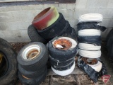 Assorted forklift tires and rims, solid and pneumatic