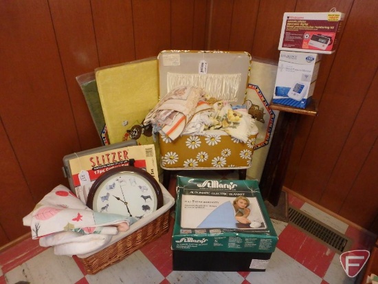 Hawkeye footed sewing box, cutlery, floor mats, table clothes, electric blanket