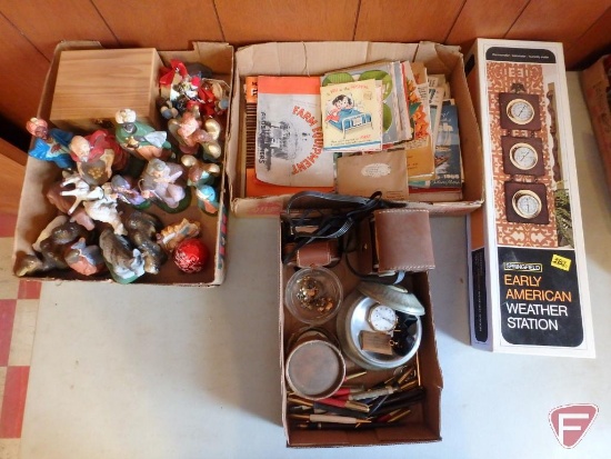 Weather station, Kodak Duaflex II camera, farm books, pens/pencils, nativity figurines