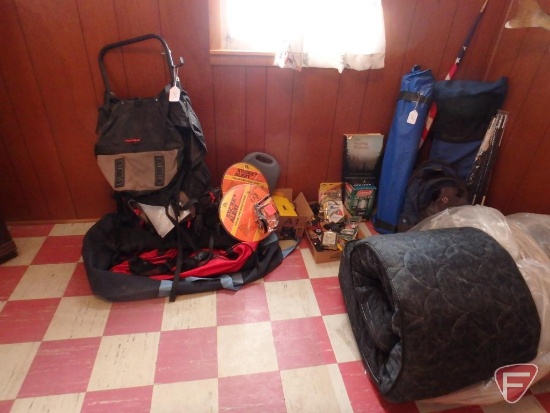 Polyurethane foam mattress, backpacks, Coleman lantern, jack knives, tip-ups, hiking backpacks