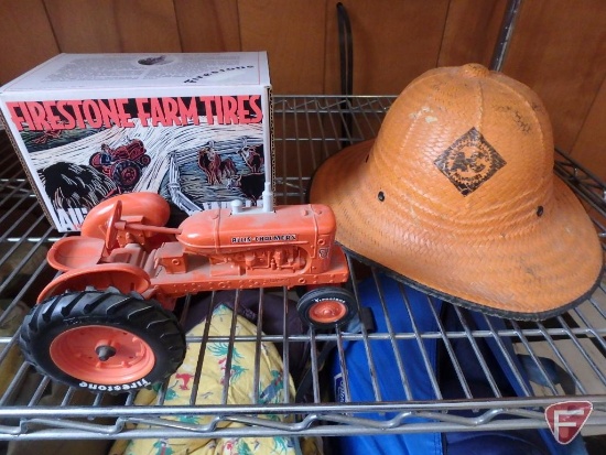 Allis Chalmers hat and 45 toy tractor; Czech plastic sign, brass cymbals