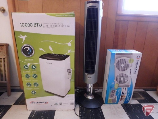 Soleus Air room air conditioner, Lasko fan, and Comfort Zone window fan