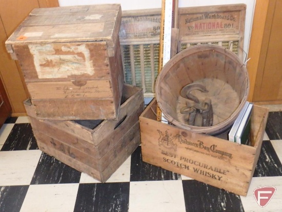 Wood egg box, misc. wood boxes, basket, pulley, washboard, rulers