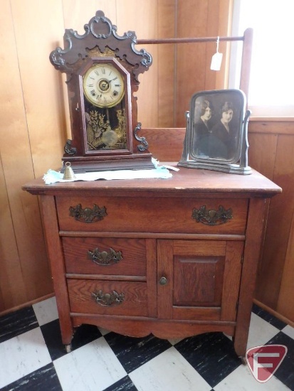 Washstand/commode 33"w x 20"d x 52"h, Seth Thomas clock has some stains, vintage frame