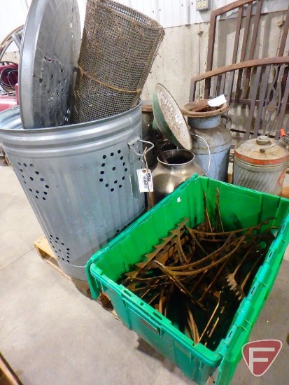 (3) milk cans, outdoor enamel light fixture, stainless milk can, wastebasket with holes, fuel can