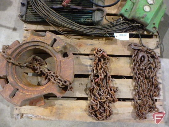 Jumper cables, tractor wheel weight, (2) log chains, radiator, John Deere tractor gauge cover