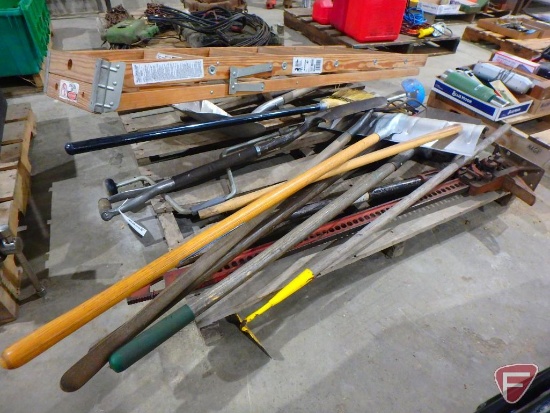 6' Werner step ladder, aluminum scoop shovel snow shovel, broom, rock rake, axe