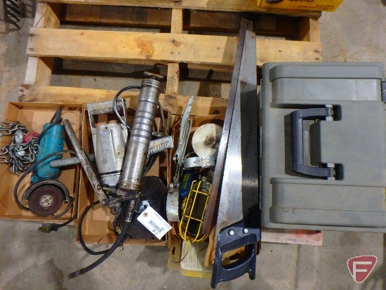 Makita 4" grinder, Cummins 1/2" standard duty drill, bayonet #825, oil filter wrenches, saws