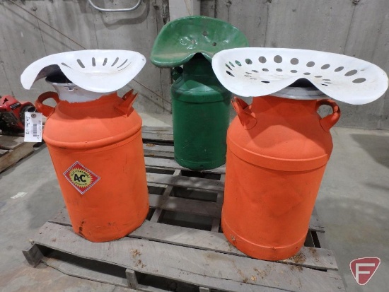 (2) Allis Chalmers and green themed milk cans with tractor seats