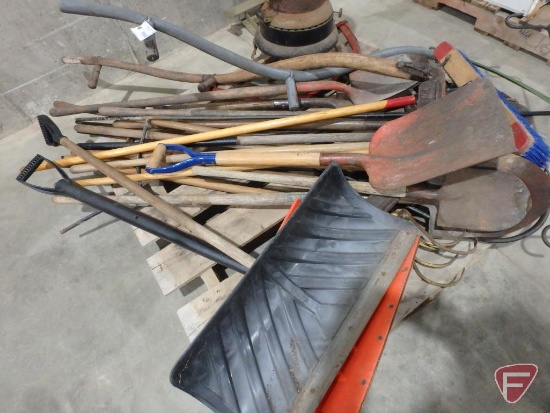 Yard/garden tools: snow shovels, hand cultivators, (2) scythes, metal plant stands, shop broom