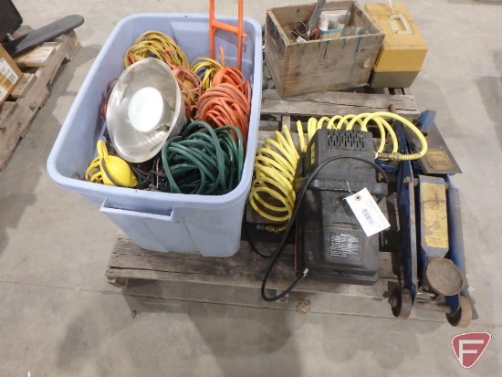 Sanborn Air Power portable air compressor, hydraulic floor jack, extension cords, and work lights