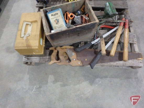 Pruners, hand scythe, bench vise, stapler, hand saws, small limb saw, snips, Maytag oil can