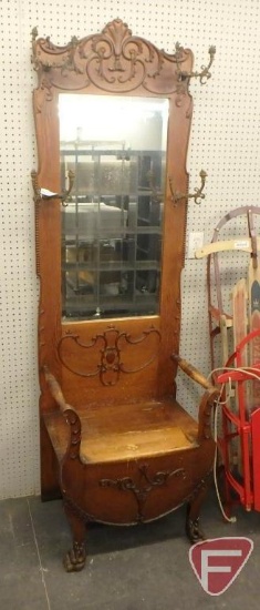 Vintage hall tree with mirror, metal hooks, and seat storage 80inHx24inWx17inD