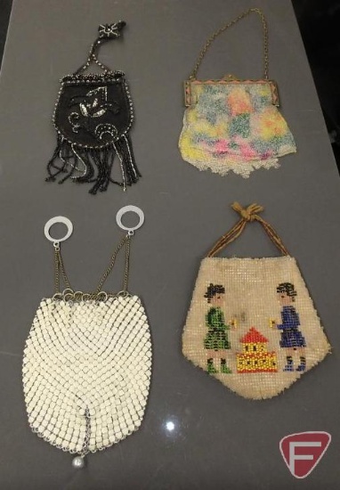 Vintage purses, (1) beaded, (2) chain/mesh, and (1) leather and beads. 4 pieces