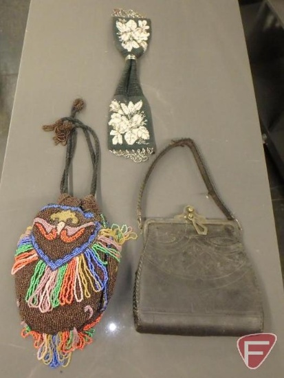 Vintage purses, (1) leather, and (2) beaded. 3 pieces