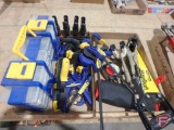 Irwin wood clamps, welding clamps, hand saw, small hardware bin