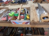 Hand miter saw, hack saw blades, misc. drivers, staple gun, square, ball peen hammers