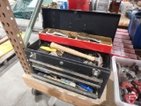 Tool box and contents: hammer, hardware, bits, screw drivers, drill bits